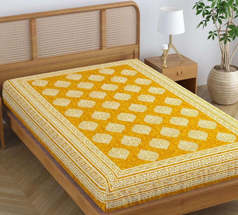 SheetKart Folk FloralCotton Jaipuri Printed Bedsheet for Single Bed Traditional Ethnic Bed Cover Butter Yellow144 TC - Image 1