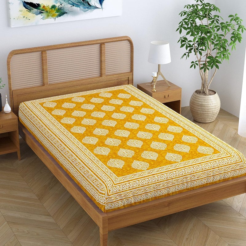 SheetKart Folk FloralCotton Jaipuri Printed Bedsheet for Single Bed Traditional Ethnic Bed Cover Butter Yellow144 TC - Image 3