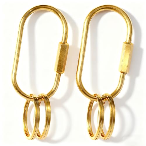 Elempony 2 Pack Gold Carabiner Key Rings – Brass Clip with Screw Lock, Key Organizer with 4 Rings, Jewelry Charm Holder for Handbags, Keys & Accessories for Men and Women - Image 1