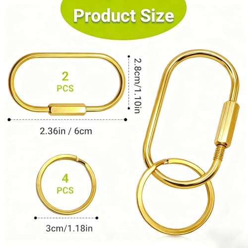 Elempony 2 Pack Gold Carabiner Key Rings – Brass Clip with Screw Lock, Key Organizer with 4 Rings, Jewelry Charm Holder for Handbags, Keys & Accessories for Men and Women - Image 2