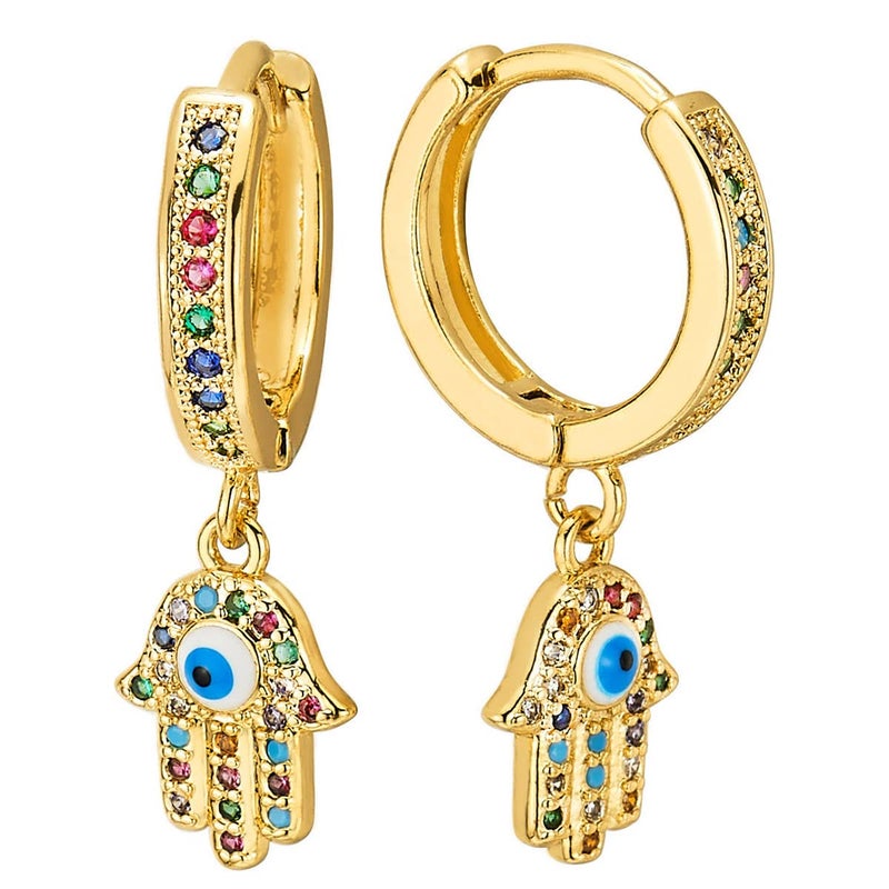 COOLSTEELANDBEYOND Dangling Hamsa Hand of Fatima Gold Color Huggie Hinged Hoop Earrings, with Colorful Cubic Zirconia - Image 1