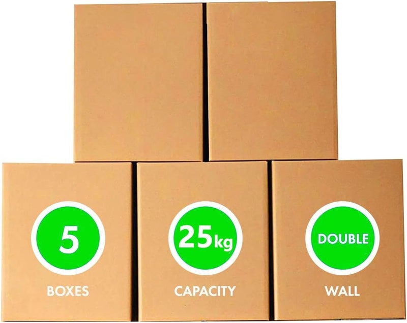 HOOJO® 5-Ply Corrugated Shipping Boxes – Pack of 5 – 45 x 45 x 45 cm – Double Wall Cardboard Cartons – Heavy Duty Packing Boxes for Moving, Storage & Shipping – Holds up to 25kg (MEDIUM) - Image 1