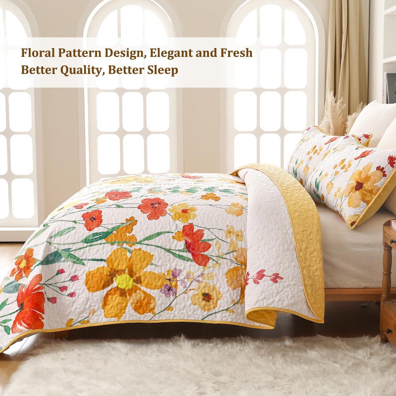 Anibedding Quilt Set Queen Size, Yellow Floral Reversible Bedspread Soft Microfiber Lightweight Queen Size Quilt Bedding Sets Reversible Coverlet for All Season(Queen, 96"x90") - Image 3