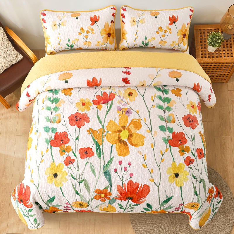 Anibedding Quilt Set Queen Size, Yellow Floral Reversible Bedspread Soft Microfiber Lightweight Queen Size Quilt Bedding Sets Reversible Coverlet for All Season(Queen, 96"x90") - Image 4