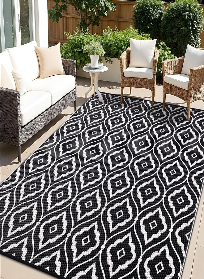 OLANLY Outdoor Rug 5x8 ft Waterproof, Outdoor Plastic Straw Rug with Geometric Pattern Clearance, Reversible RV Mat for Patio, Camping, Balcony, Deck, Backyard, Black & White - Image 1