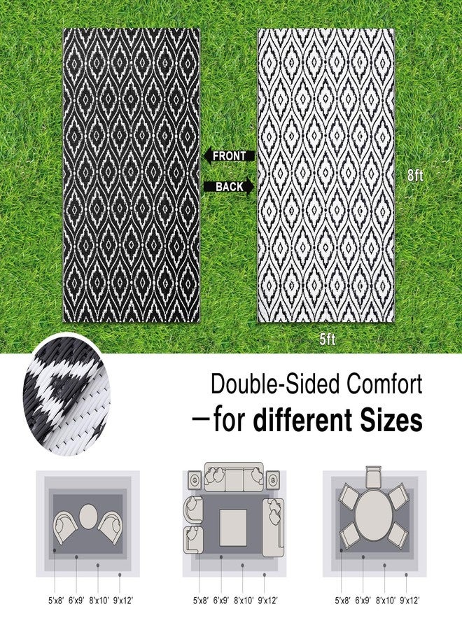OLANLY Outdoor Rug 5x8 ft Waterproof, Outdoor Plastic Straw Rug with Geometric Pattern Clearance, Reversible RV Mat for Patio, Camping, Balcony, Deck, Backyard, Black & White - Image 2
