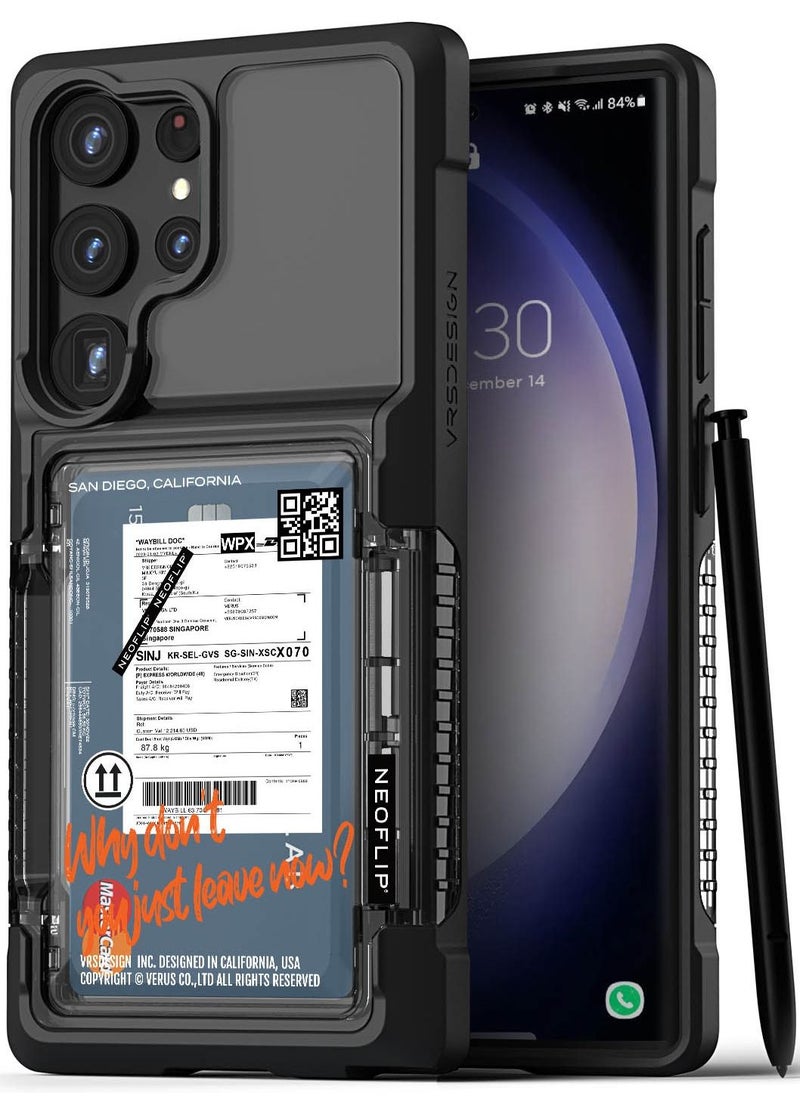 VRS Design Neo Flip Travel Samsung Galaxy S23 Ultra Case Cover Wallet with Semi Automatic Snap Door Credit Card Holder Slot [2 Cards] - Black Crystal  - Image 1