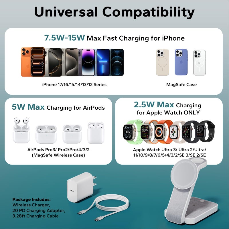 Eazpower 3 in 1 Foldable Wireless Travel Charging Station for MagSafe, Nightstand Magnetic Charger Stand for iPhone 17 16 15 14 Pro Max, Charging Dock with Night Light for Apple Watch/AirPods (White) - Image 5