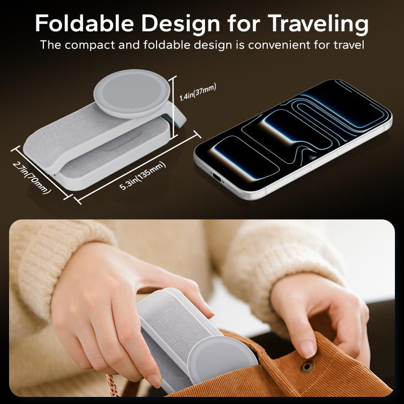 Eazpower 3 in 1 Foldable Wireless Travel Charging Station for MagSafe, Nightstand Magnetic Charger Stand for iPhone 17 16 15 14 Pro Max, Charging Dock with Night Light for Apple Watch/AirPods (White) - Image 3