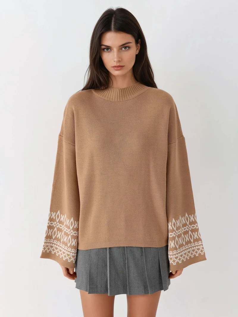 My Fashion Camel Brown MY FASHION Crew Neck Jacquard Knit Sweater for Women | Best Price UAE