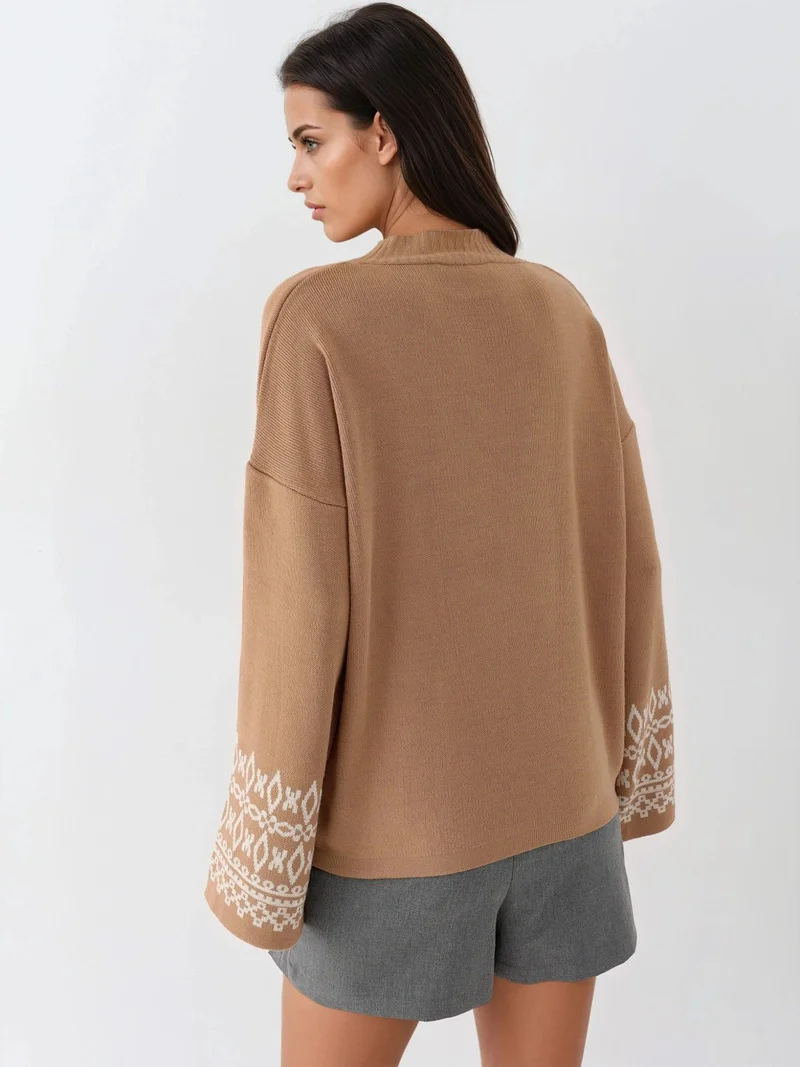 My Fashion Camel Brown MY FASHION Crew Neck Jacquard Knit Sweater for Women | Best Price UAE