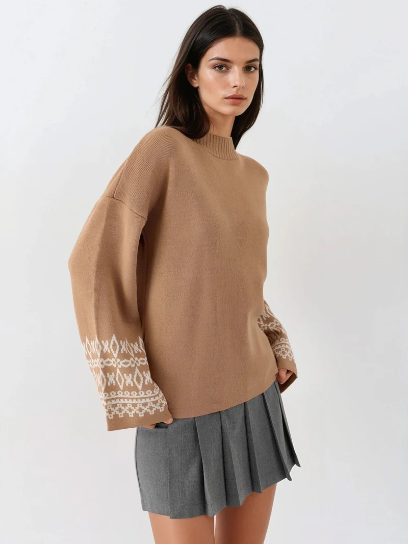 My Fashion Camel Brown MY FASHION Crew Neck Jacquard Knit Sweater for Women | Best Price UAE