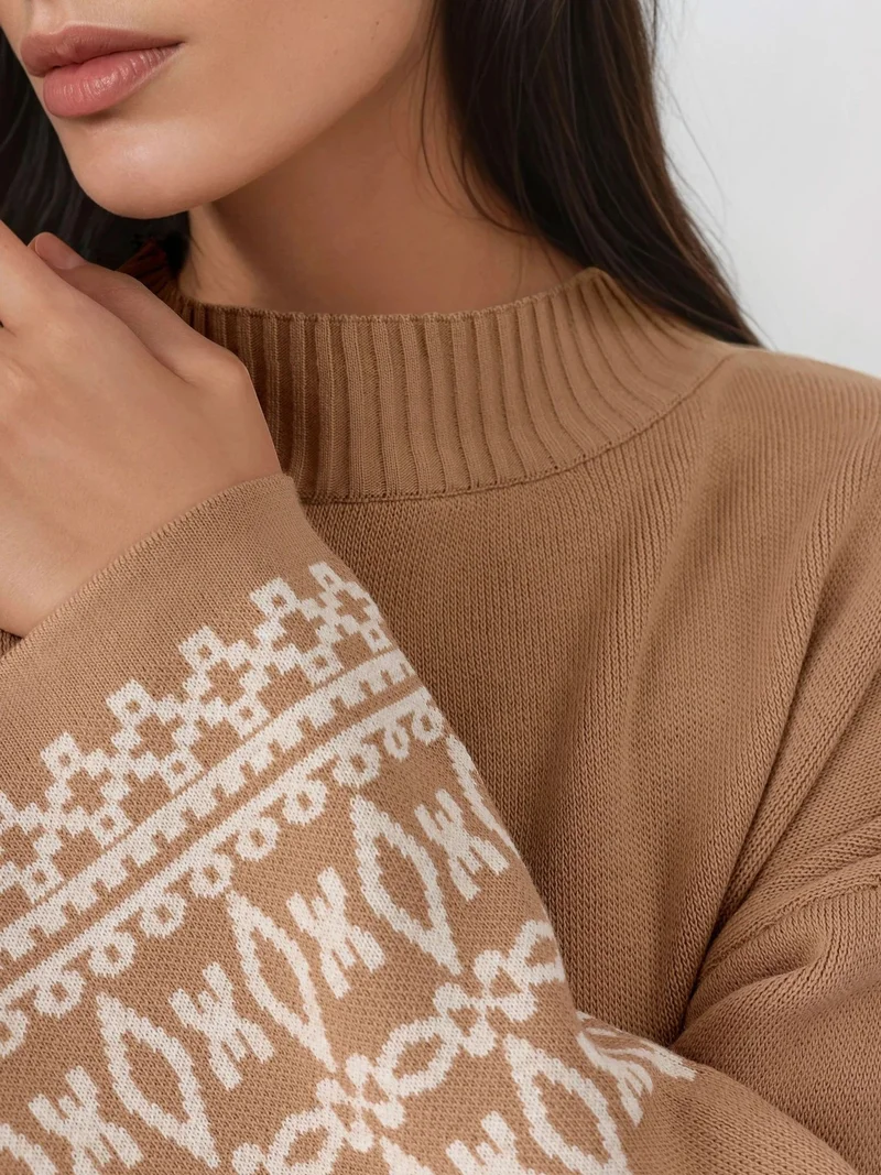 My Fashion Camel Brown MY FASHION Crew Neck Jacquard Knit Sweater for Women | Best Price UAE