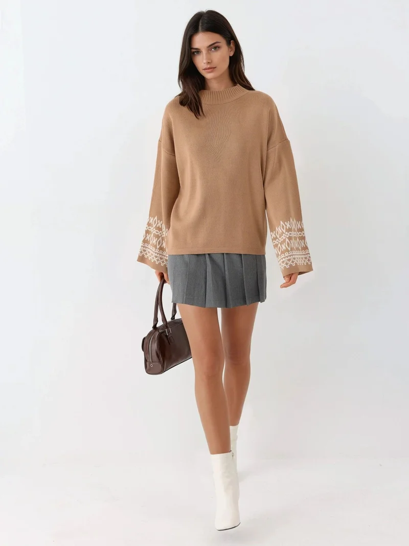 My Fashion Camel Brown MY FASHION Crew Neck Jacquard Knit Sweater for Women | Best Price UAE