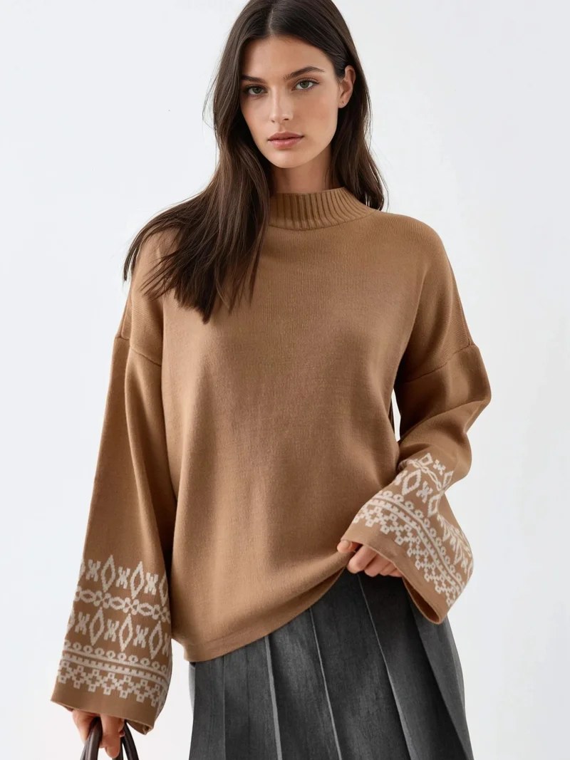 MY FASHION Crew Neck Jacquard Knit Sweater