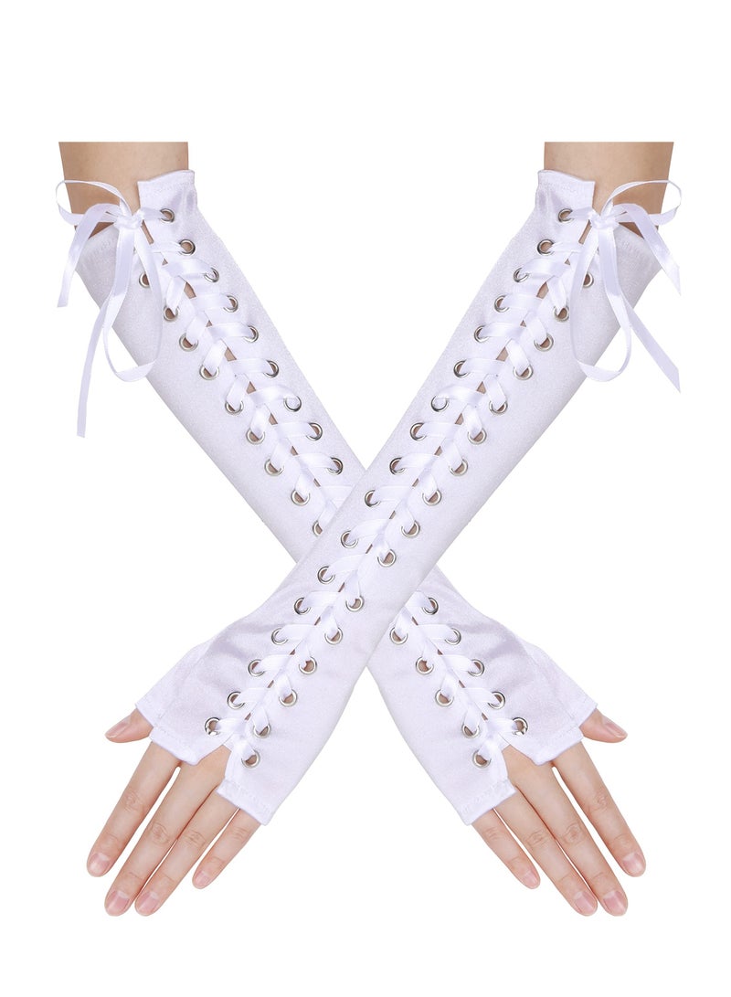 KASTWAVE Lace Up Fingerless Gloves Long Elbow Gloves for Costume Party Lace-up Arm Warmer  - Image 1