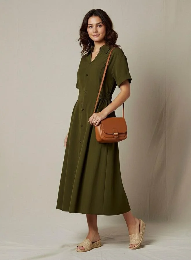 Splash FAV Shirt Style Midi Dress with Front Slit