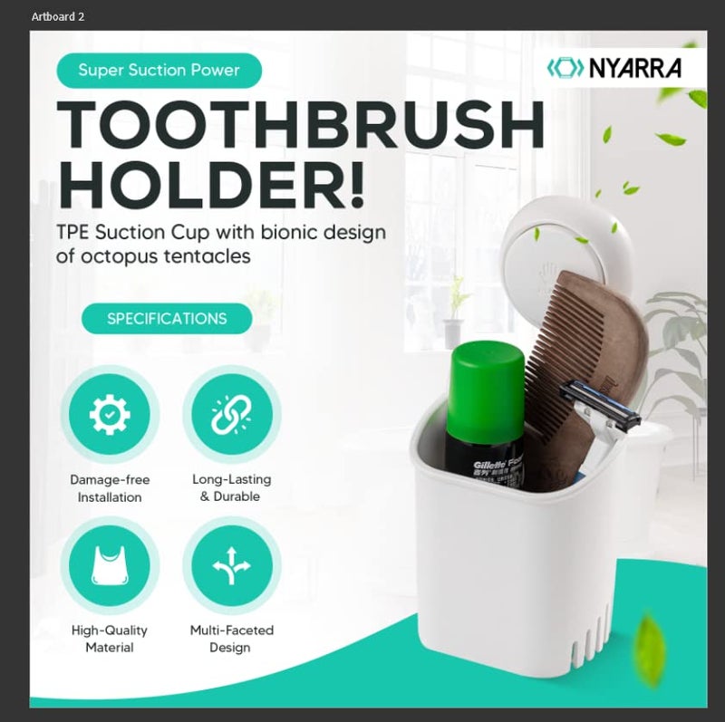 Nyarra Toothbrush Holder for Bathroom, Easy One Push Wall Mount with Powerful Vacuum Suction Cup, Multifunctional Organizer White & Hollow Ventilation Design [NR-0562] - Image 2