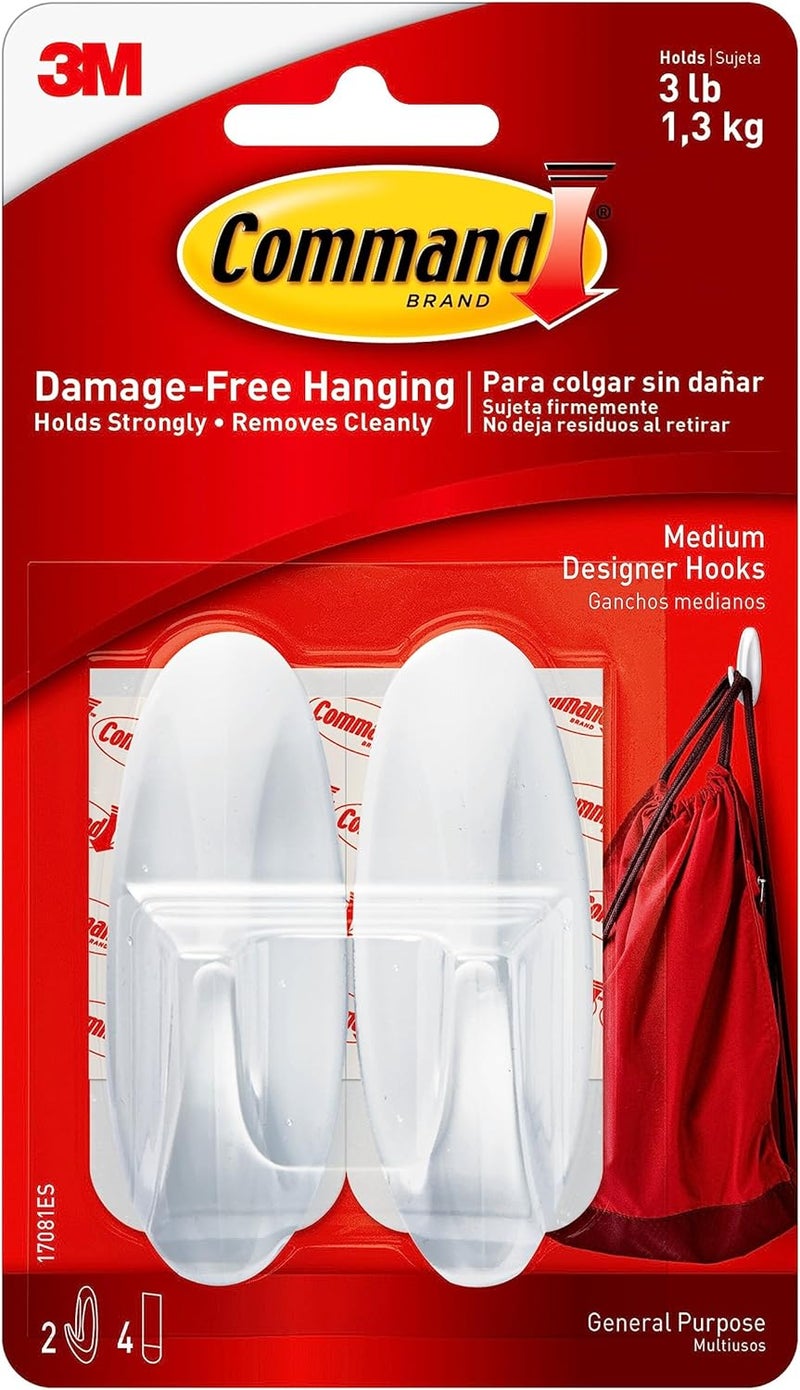 Command Designer Medium Hooks | holds 1.3 kg each hook | White color | Organize | Decoration | No Tools | Holds Strongly | Damage-Free Hanging | 2 hooks + 3 strips/pack - Image 1