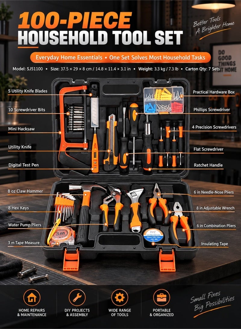 LOOPITYS 100-Piece Household Tool Kit Set, Home Repair Hand Tool Set with Pliers, Hand Saw, Screwdrivers, Allen Wrenches, Screws, Wrenches and Storage Case for Home, Yard and Auto Repair - Image 4