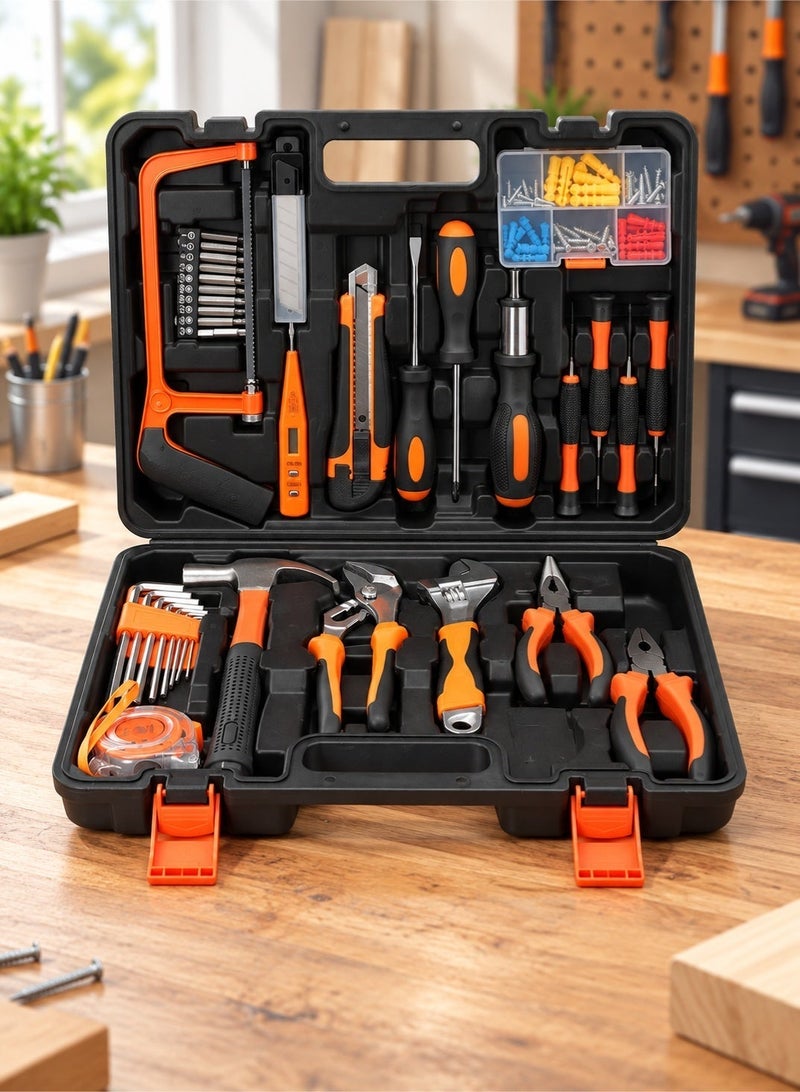 LOOPITYS 100-Piece Household Tool Kit Set, Home Repair Hand Tool Set with Pliers, Hand Saw, Screwdrivers, Allen Wrenches, Screws, Wrenches and Storage Case for Home, Yard and Auto Repair - Image 1