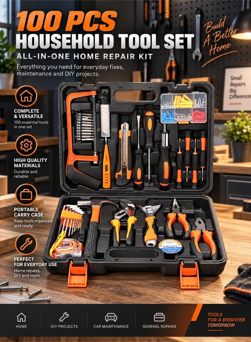 LOOPITYS 100-Piece Household Tool Kit Set, Home Repair Hand Tool Set with Pliers, Hand Saw, Screwdrivers, Allen Wrenches, Screws, Wrenches and Storage Case for Home, Yard and Auto Repair - Image 2