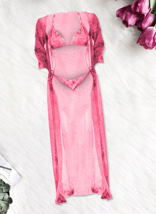 MARGOUN Small Size Three-piece Digital Printing Bikini Ladies Beach Sunscreen Blouse Swimsuit Long Lace Dress Sheer Dress Sheer Kimono Dress Pink /M3109 