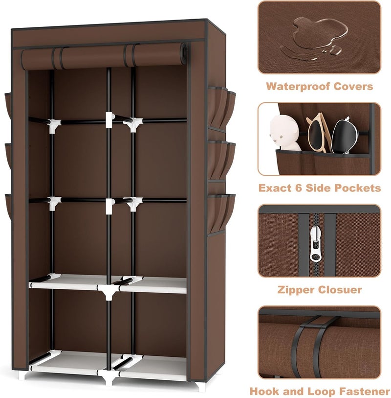 VTRIN Portable Closet Wardrobe for Hanging Clothes with 4 Storage Shelves, 2 Hanging Rods and 6 Pockets, Stable and Easy Assembly Clothes Rack with Cover Free Standing Closet, Brown - Image 4