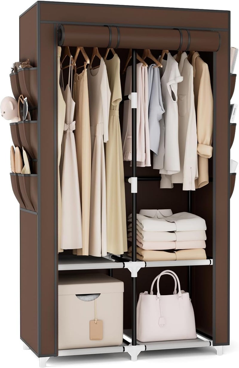 VTRIN Portable Closet Wardrobe for Hanging Clothes with 4 Storage Shelves, 2 Hanging Rods and 6 Pockets, Stable and Easy Assembly Clothes Rack with Cover Free Standing Closet, Brown - Image 1