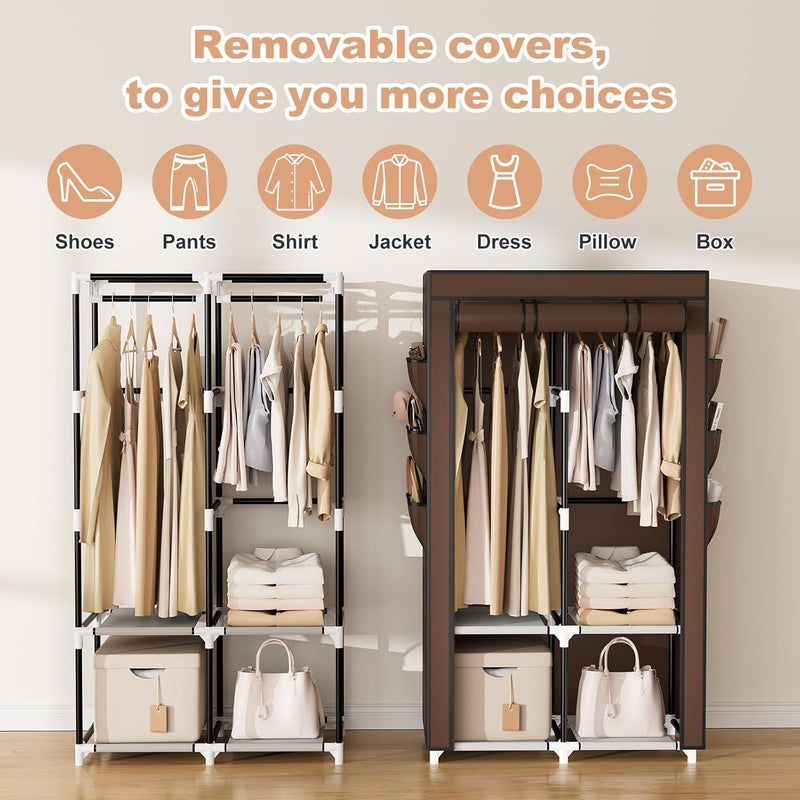 VTRIN Portable Closet Wardrobe for Hanging Clothes with 4 Storage Shelves, 2 Hanging Rods and 6 Pockets, Stable and Easy Assembly Clothes Rack with Cover Free Standing Closet, Brown - Image 5