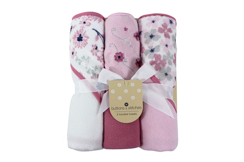 Cudlie Buttons & Stitches Baby Girl 3 Pack Rolled/Carded Hooded Towels in Crisp Blossom Print (GS71728) - Image 1
