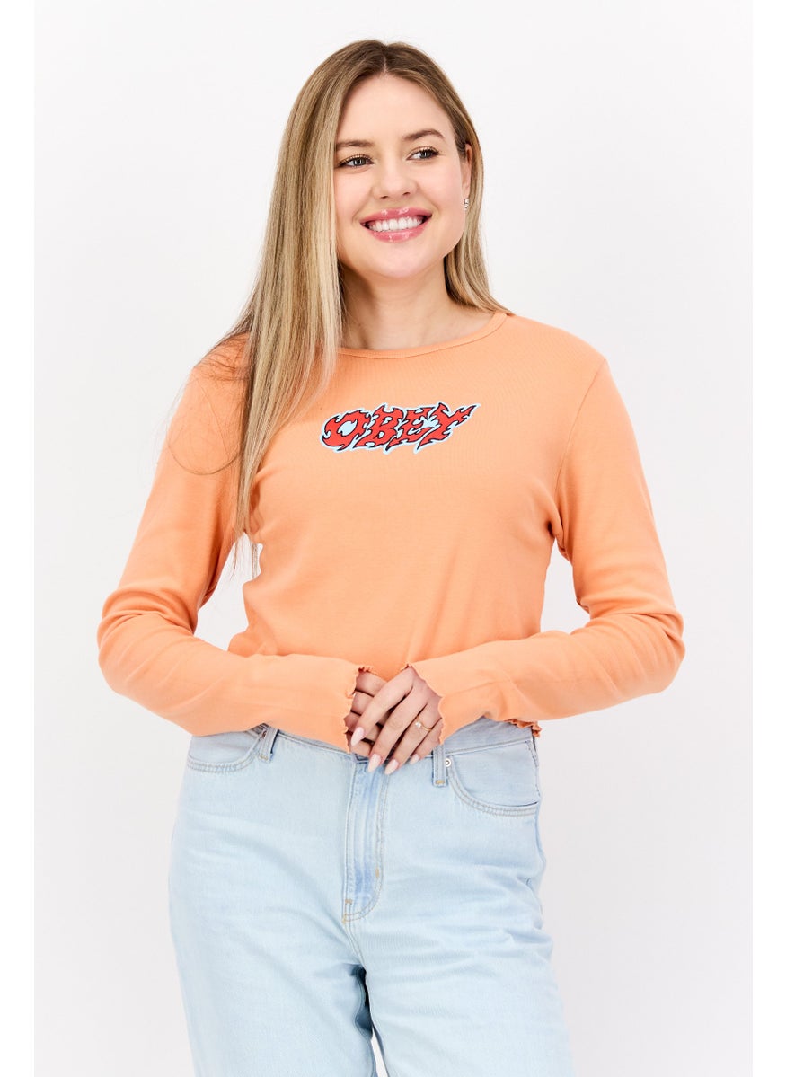 OBEY Women Round Neck Long Sleeve Graphic Print Blouse, Coral  - Image 1