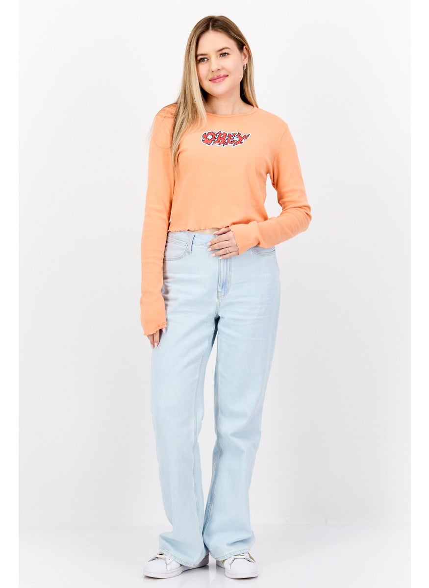 OBEY Women Round Neck Long Sleeve Graphic Print Blouse, Coral  - Image 4