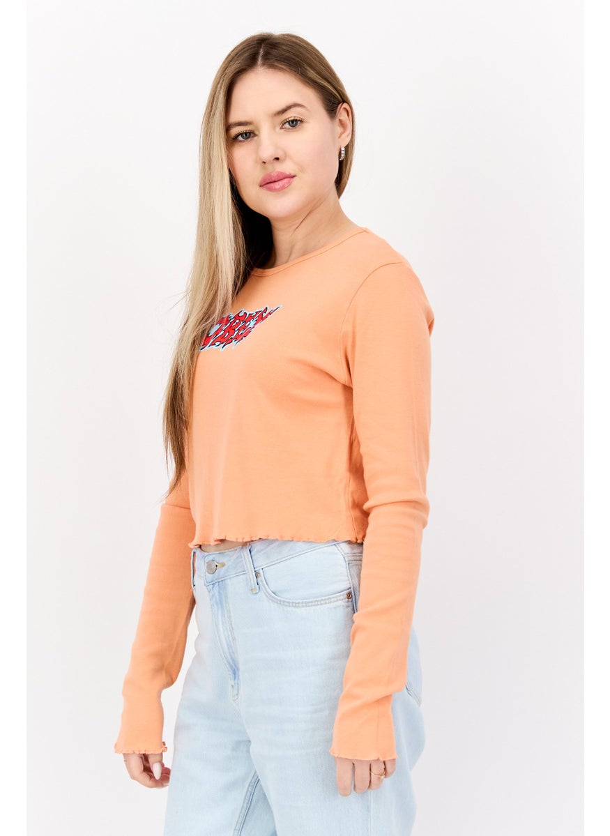 OBEY Women Round Neck Long Sleeve Graphic Print Blouse, Coral  - Image 2