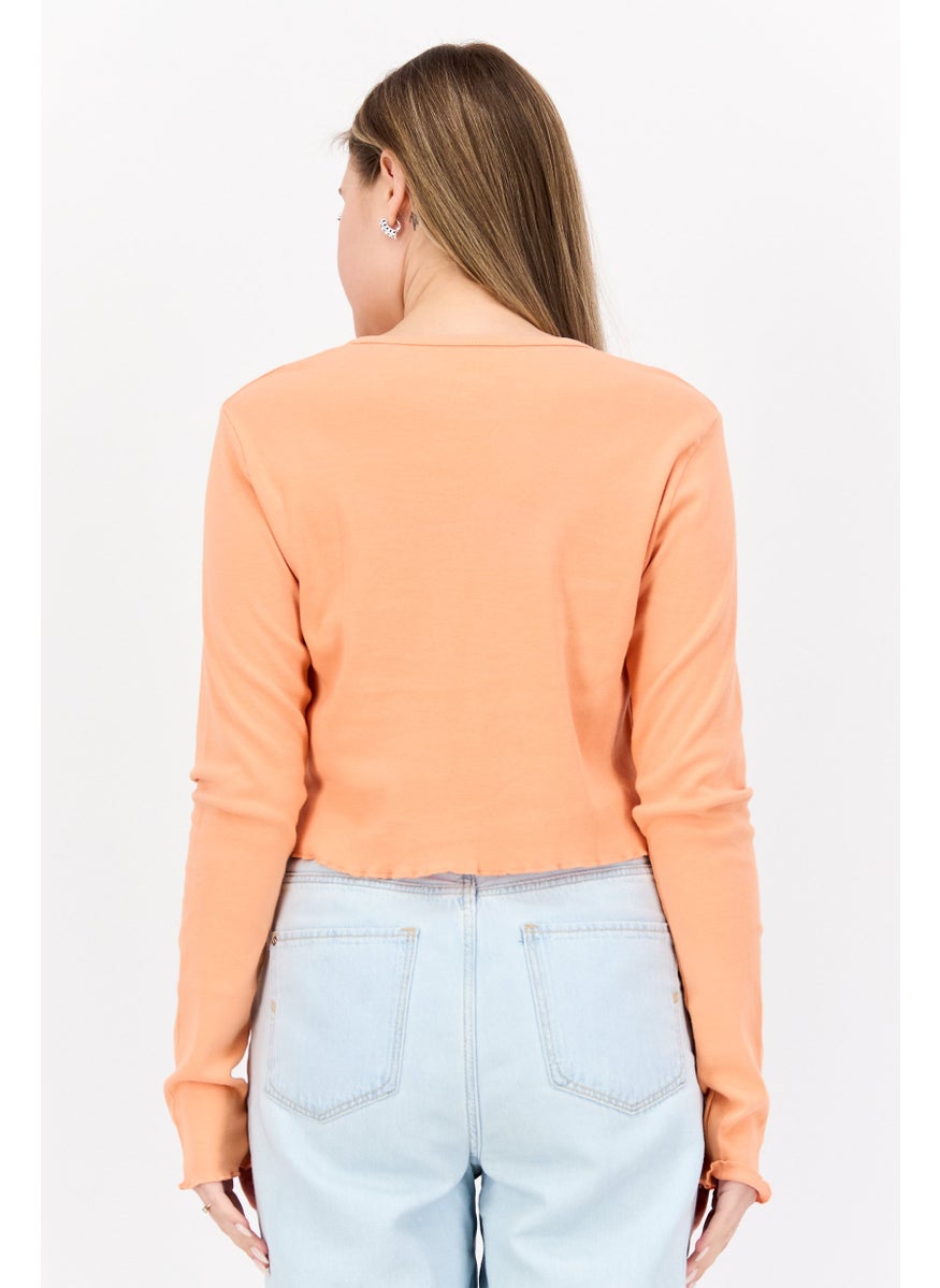 OBEY Women Round Neck Long Sleeve Graphic Print Blouse, Coral  - Image 3