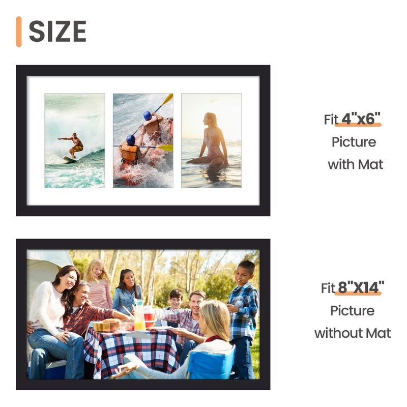 upsimples upsimples 8x14 Collage Picture Frame  Display Pictures 3 4x6 with Mat or 8x14 Without Mat  Wall Hanging 3 4x6 Picture Frame Collage Wall Decor  Black  1 Pack - Image 3