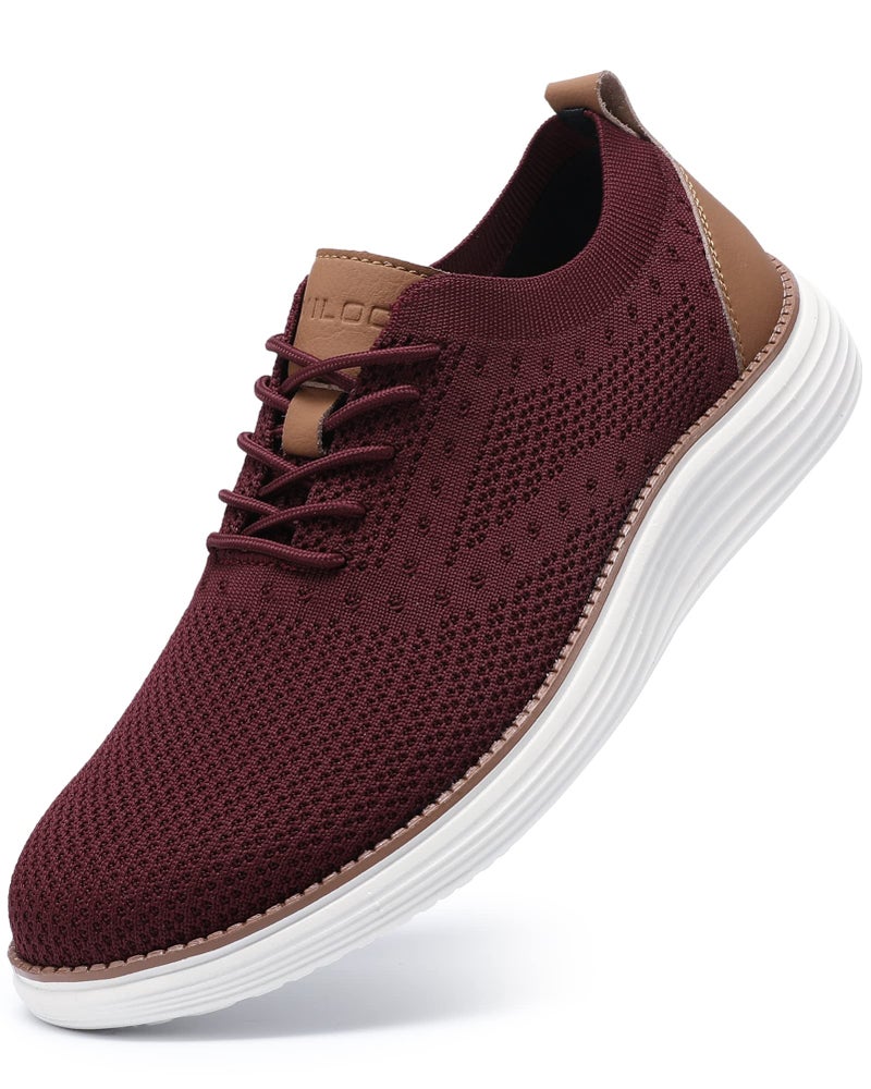 VILOCY Men's Casual Dress Sneakers Oxfords Business Shoes Lace Up Lightweight Comfortable Breathable Walking Knit Mesh Fashion Sneakers Tennis Wine Red,EU47 - Image 1