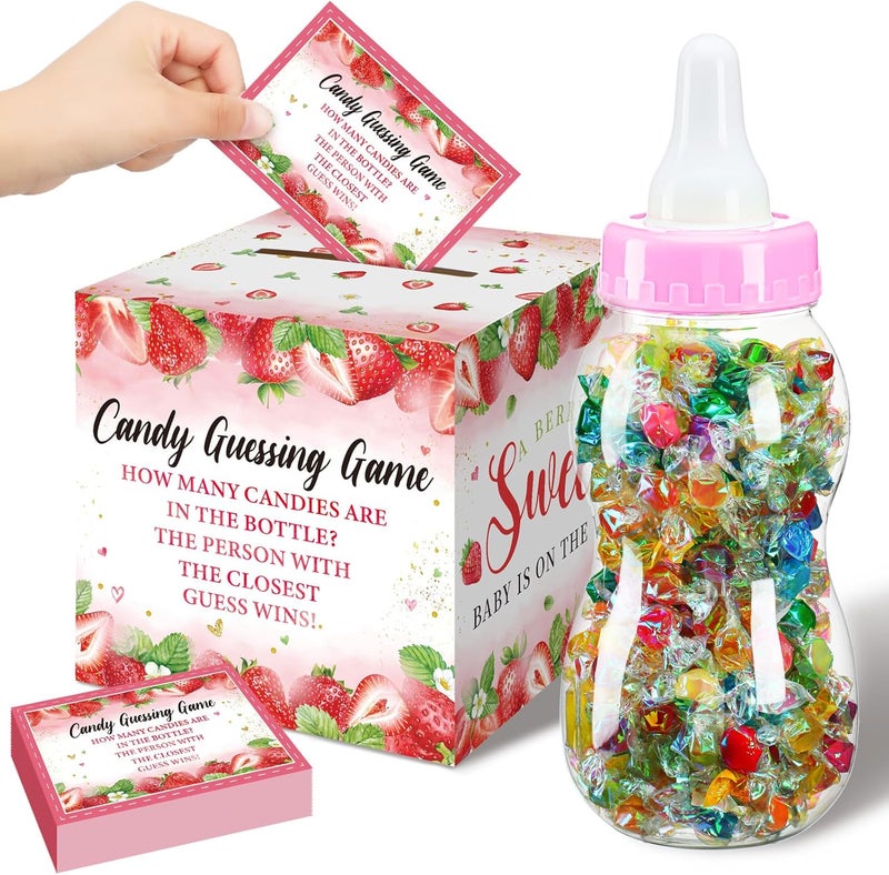 Glenmal 52 Pcs Baby Shower Games Gift Sets Large Baby Bottle for Shower Game Guess How Many Candies Decorations for Gender Reveal(Strawberry) - Image 1