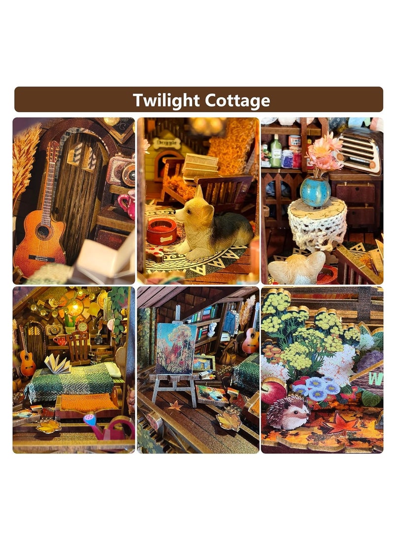 XiuWoo 3D Wooden Book Nook Kit, DIY Miniature Dollhouse Booknook Kit, Puzzle Bookend Bookshelf Insert Decor, Unique Home Decoration, Miniature Model with LED Light for Teens and Adults - Image 2