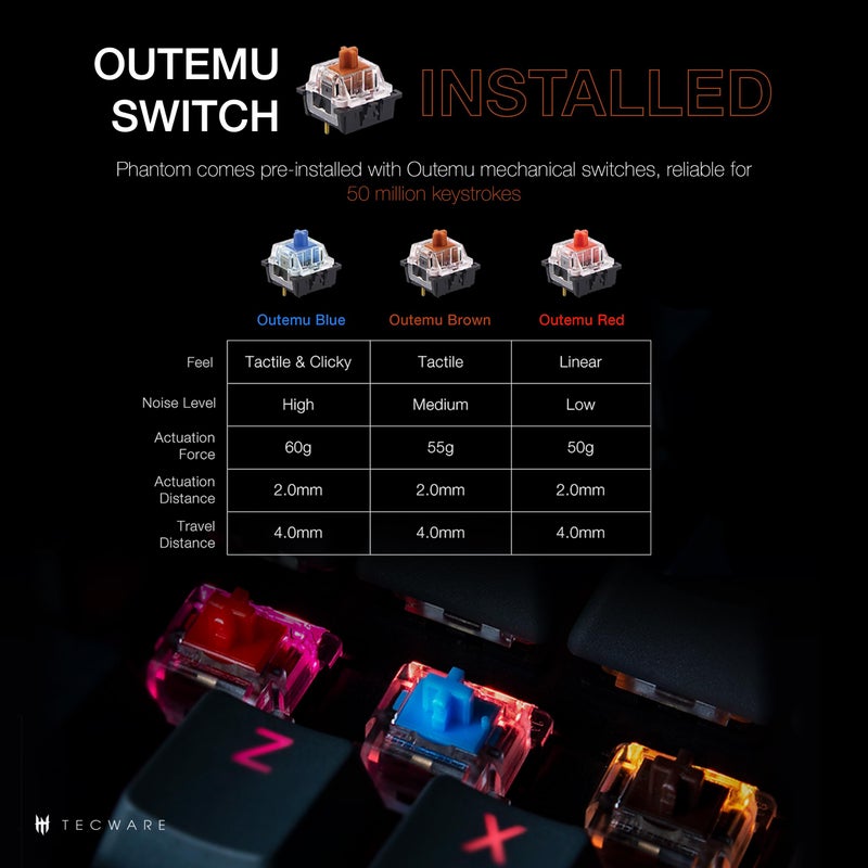 TECWARE Phantom 87 Key RGB Mechanical Gaming Keyboard | Outemu Brown Switch | 16.8M Color LED Lighting | 18 Pre-Set | Low Latency | N-Key Rollover | Software Customizable Keys | Wired USB Connection - Image 3