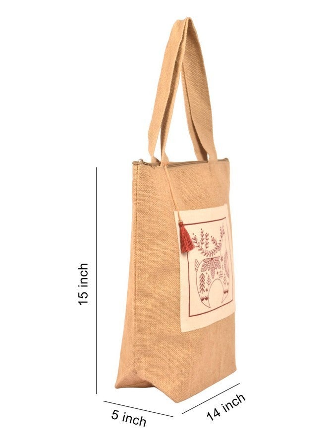 Daffodil Jute Bagg | Tote Bag | Handcrafted Kalamkari Pocket Bag | Multipurpose Carry Bag | Durable Bags for Men & Women | Jute Handbags with Latkan (Deer Pocket) - Image 2