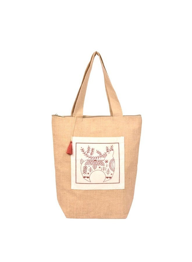 Daffodil Jute Bagg | Tote Bag | Handcrafted Kalamkari Pocket Bag | Multipurpose Carry Bag | Durable Bags for Men & Women | Jute Handbags with Latkan (Deer Pocket) - Image 1