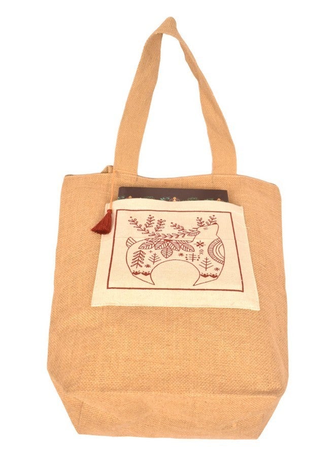 Daffodil Jute Bagg | Tote Bag | Handcrafted Kalamkari Pocket Bag | Multipurpose Carry Bag | Durable Bags for Men & Women | Jute Handbags with Latkan (Deer Pocket) - Image 4