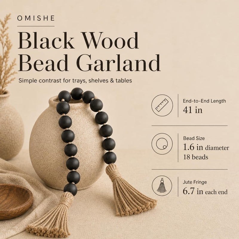 OMISHE Large Wood Bead Garland Black with 1.6" Diameter Wooden Beads and Tassels, 41" Long Rustic Farmhouse Country Wood Beads Garland for Home Tiered Tray Decor, Decorative Beads Garland Black - Image 2