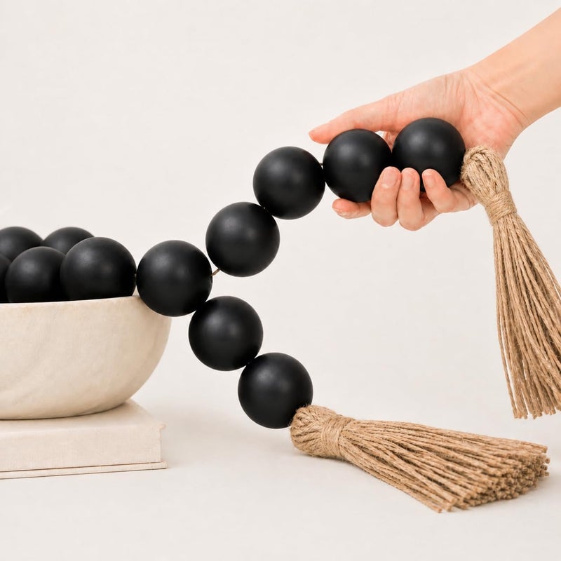 OMISHE Large Wood Bead Garland Black with 1.6" Diameter Wooden Beads and Tassels, 41" Long Rustic Farmhouse Country Wood Beads Garland for Home Tiered Tray Decor, Decorative Beads Garland Black - Image 1