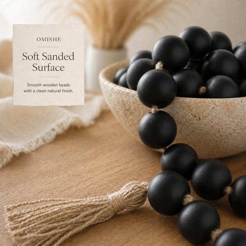OMISHE Large Wood Bead Garland Black with 1.6" Diameter Wooden Beads and Tassels, 41" Long Rustic Farmhouse Country Wood Beads Garland for Home Tiered Tray Decor, Decorative Beads Garland Black - Image 3
