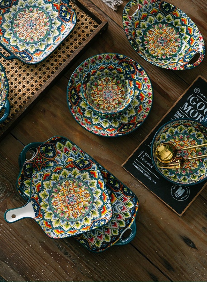 طقم عشاء من ١٢ قطعة، طقم هدايا، أدوات مائدة سيراميك كلاسيكية أنيقة بمقبض، آمنة للاستخدام في غسالة الصحون والميكروويف، أزرق/أخضر - Image 3