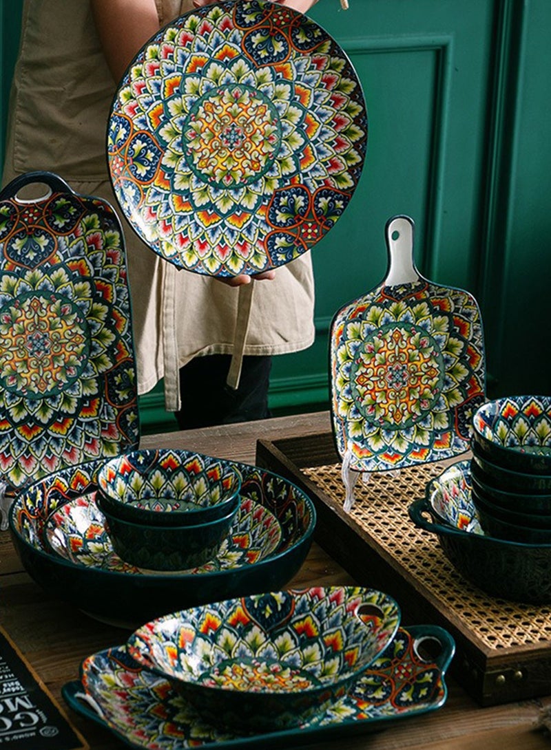 طقم عشاء من ١٢ قطعة، طقم هدايا، أدوات مائدة سيراميك كلاسيكية أنيقة بمقبض، آمنة للاستخدام في غسالة الصحون والميكروويف، أزرق/أخضر - Image 4