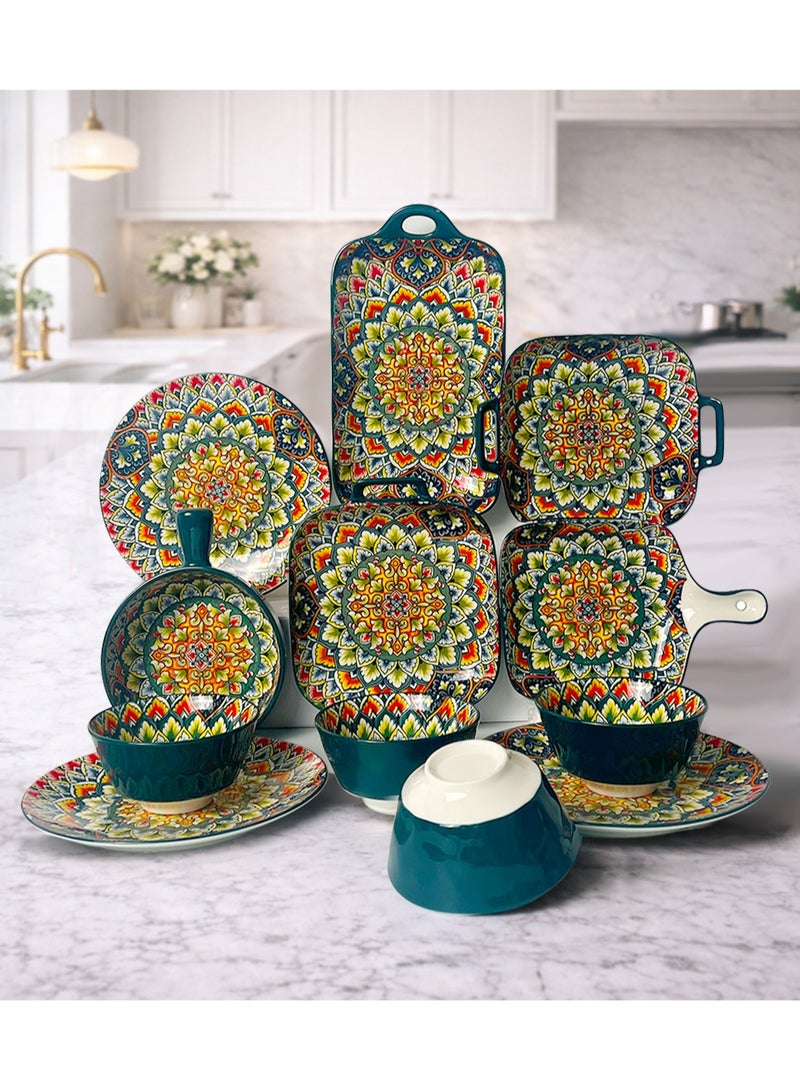 طقم عشاء من ١٢ قطعة، طقم هدايا، أدوات مائدة سيراميك كلاسيكية أنيقة بمقبض، آمنة للاستخدام في غسالة الصحون والميكروويف، أزرق/أخضر - Image 1