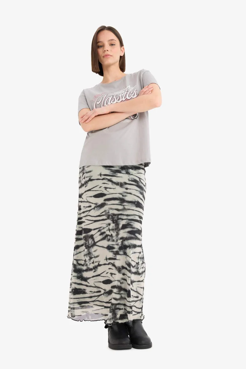 ديفاكتو A Cut Patterned High Waist Cotton Lining Tulle Maxi Skirt